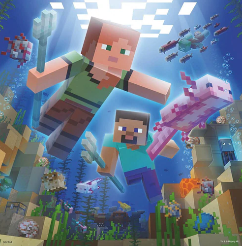 49pc Minecraft Biomes Puzzles featuring Steve and Alex underwater with aquatic creatures in a vibrant Minecraft scene.
