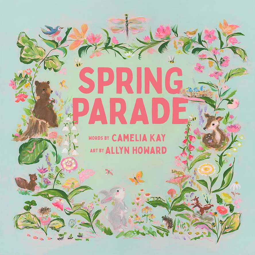 Spring Parade book cover with playful animals, blooming flowers, and vibrant spring nature illustrations by Allyn Howard.