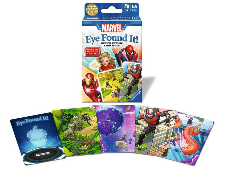 Marvel Eye Found It! features hidden object cards with heroes and villains from the Marvel Universe.