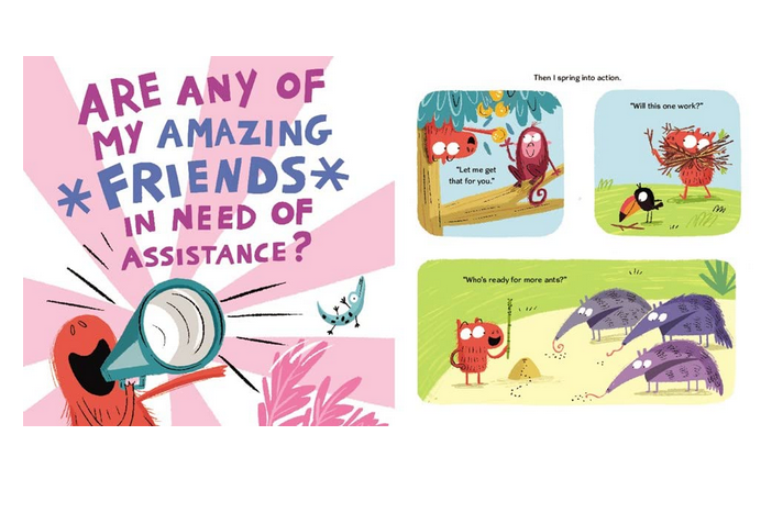 Capybara is Friends with Everybody book illustration showing colorful animals and text about helping friends.