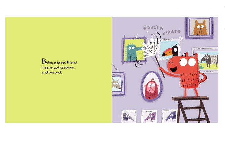 Capybara is Friends with Everybody book page shows a red character dusting framed animal pictures, teaching friendship.