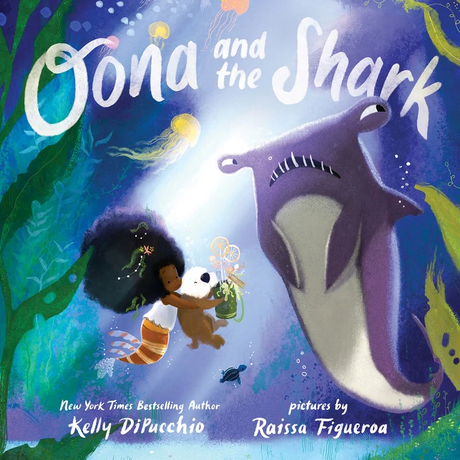 Cover of Oona and the Shark shows a mermaid with a dog facing a large friendly shark underwater.