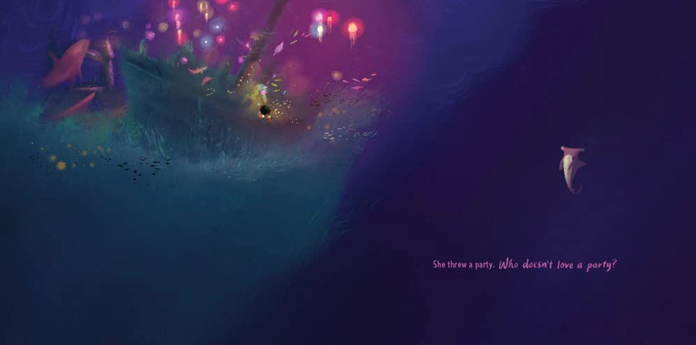 Illustration from Oona and the Shark showing underwater party scene and a distant shark swimming alone.