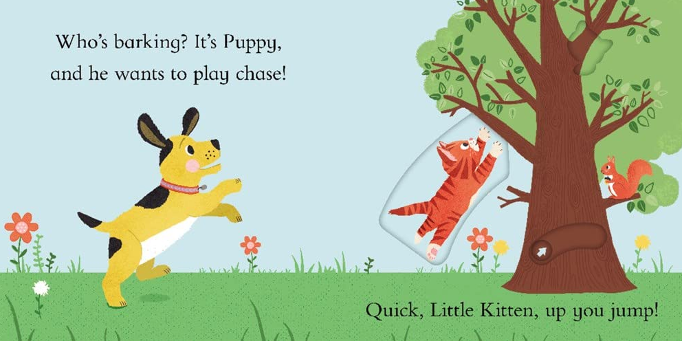 Interactive board book page from My Little Kitten showing a playful puppy and a slider revealing a cat climbing a tree.