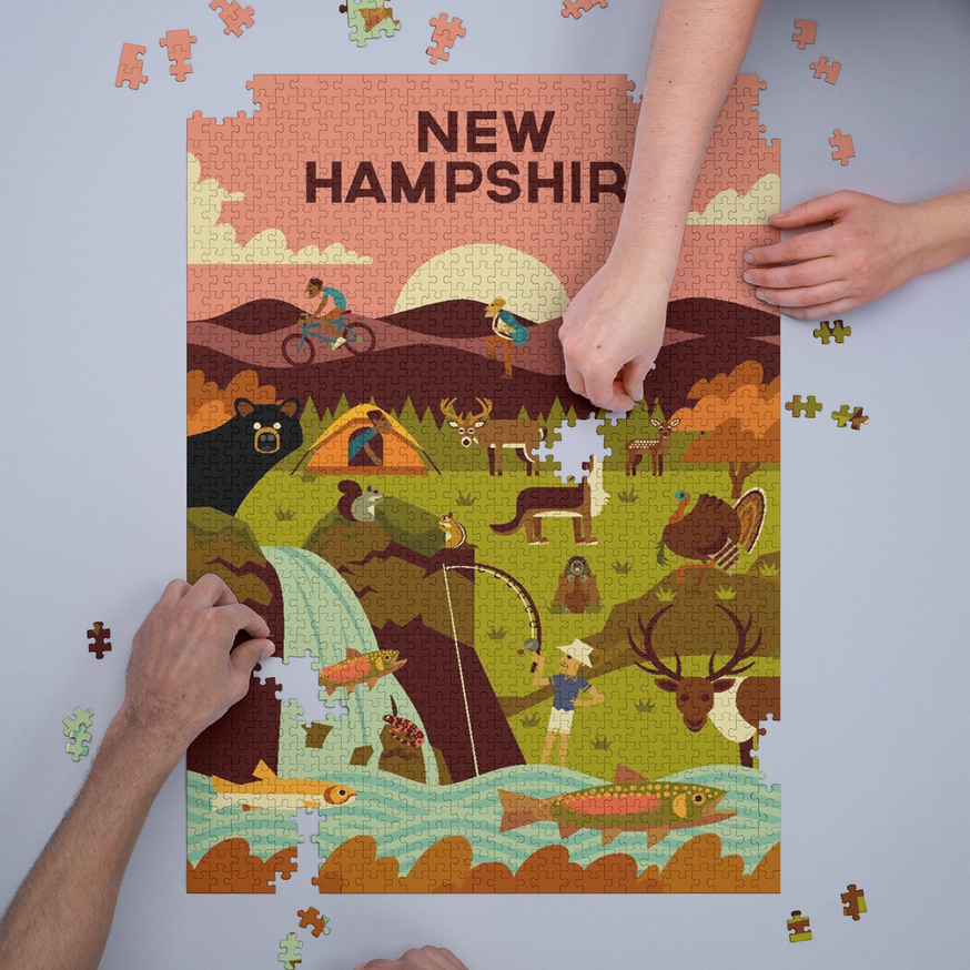 1000pc Geometric New Hampshire Puzzle showing nature scenes with animals and outdoor activities in warm tones.