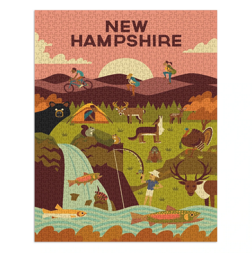 1000pc Geometric New Hampshire Puzzle showing a vibrant outdoor scene with wildlife, camping, and sunset hills.