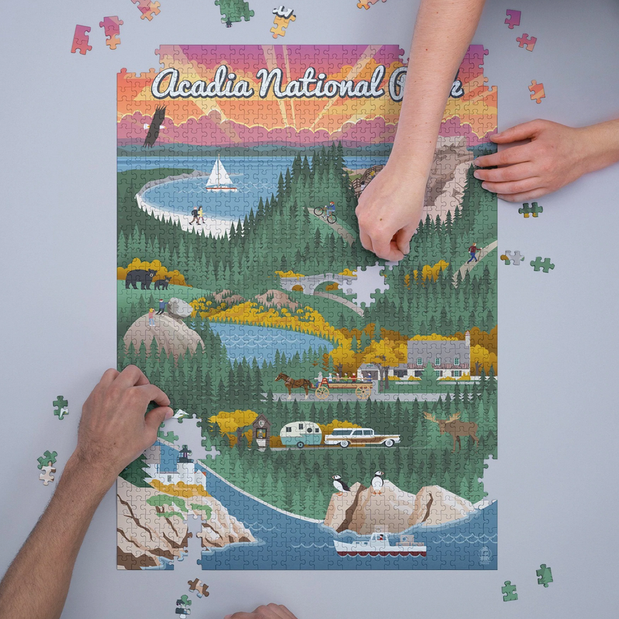 1000pc Retro Acadia Puzzle featuring colorful, detailed Acadia National Park artwork, easy interlocking pieces, and eco-friendly print.