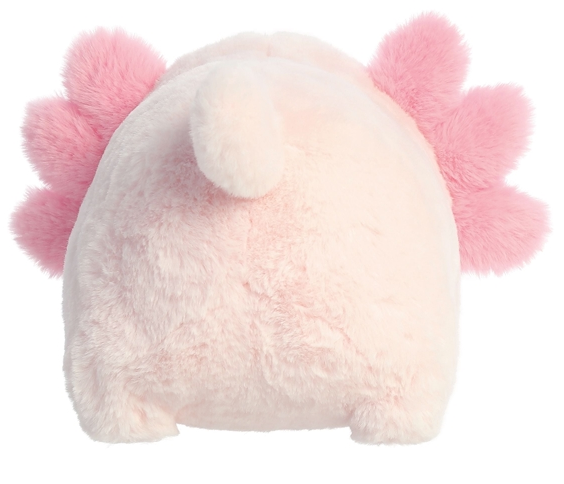 Back view of Spudster Axolotl Axel plush stuffed animal with soft pink body and fluffy gills.