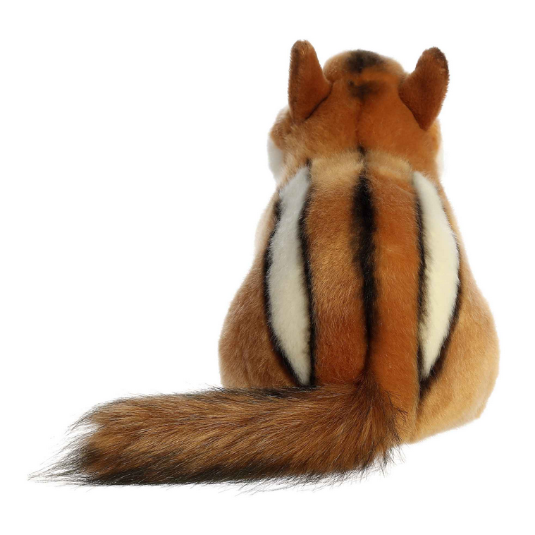 Chipmunk plush toy showing realistic light brown coat with white stripes and fluffy tail, 9 inches tall.