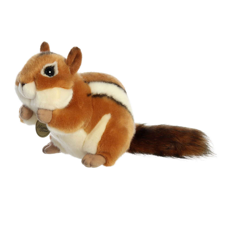 Chipmunk plush with realistic light brown coat and white stripes, soft and fluffy, 9-inch adorable collectible toy.