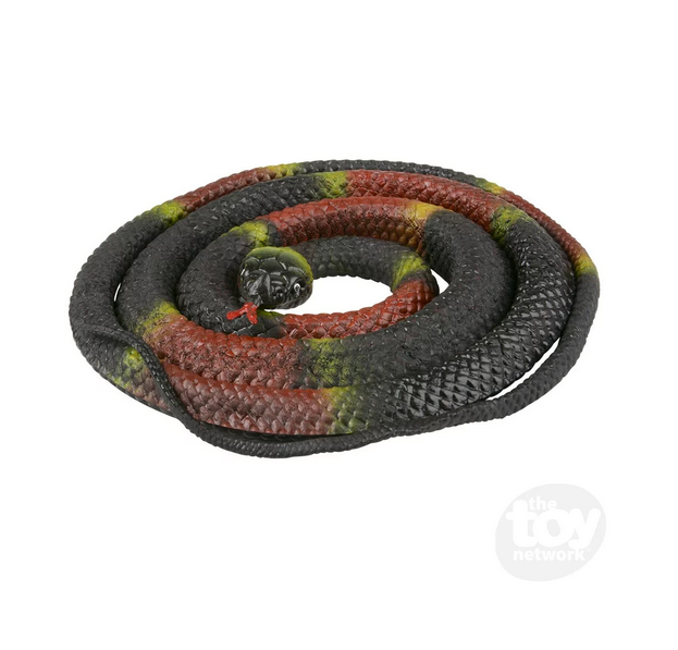 Eastern Coral Rubber Snake, a 48-inch lifelike rubber snake with red, black, and yellow bands and a hissing tongue.