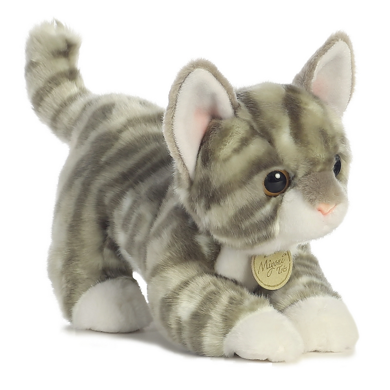 Cat Gray Tabby plush toy with soft gray stripes, detailed face, and playful pose, perfect for cuddling and gift-giving.