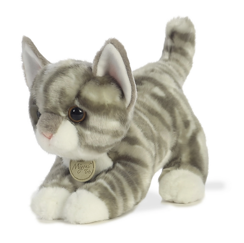 Cat Gray Tabby plush toy with soft gray striped fur, sitting in a playful pose, perfect for cuddles and gifts.