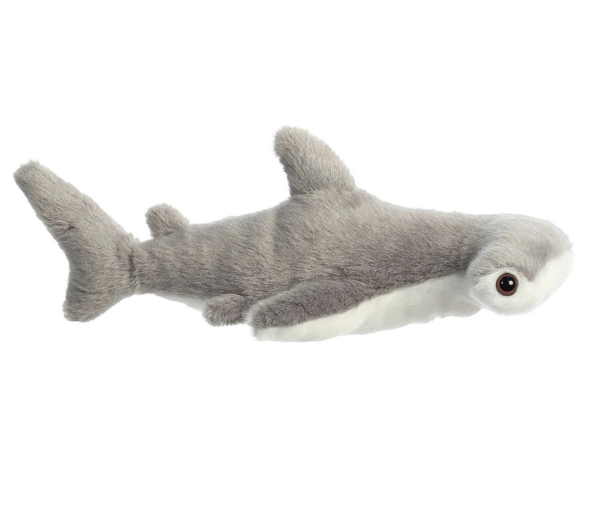 Hammerhead Shark Hamlet plush toy with grey and white soft fur, cute face, and realistic design, measuring 8 inches.