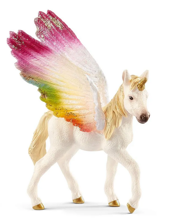 Rainbow Winged Unicorn Foal figurine with golden hooves and vibrant rainbow-colored wings.