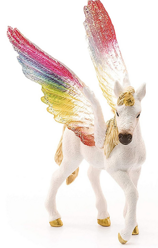 Rainbow Winged Unicorn Foal figurine with colorful rainbow wings and golden hooves, standing on white background.