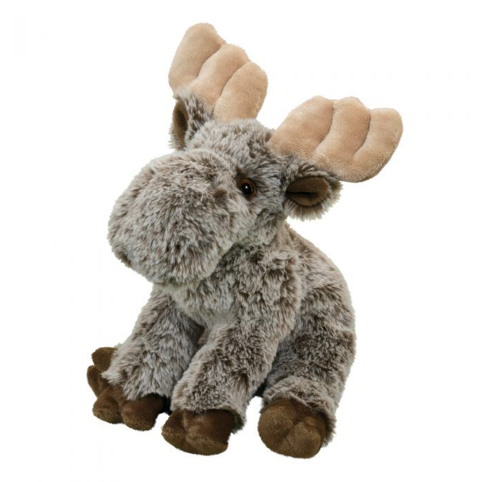 Moose Mellie soft gray plush moose with velvety antlers, amber eyes, and bean-filled hooves for cuddly comfort.