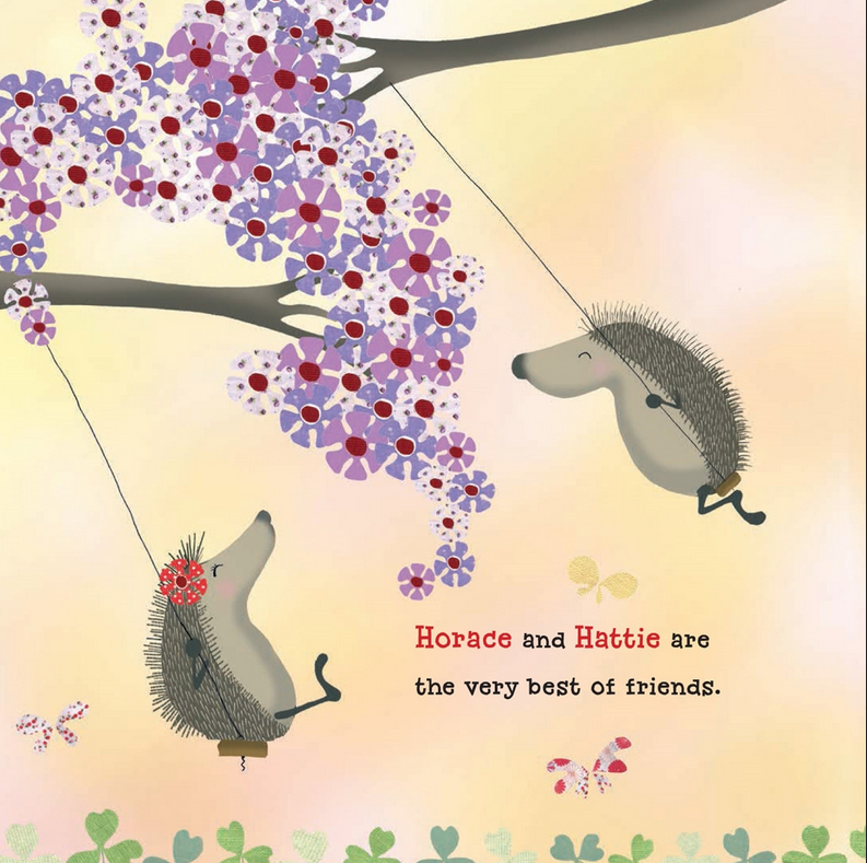 Illustration from Hedgehugs showing hedgehog friends Horace and Hattie swinging from tree branches with flowers.