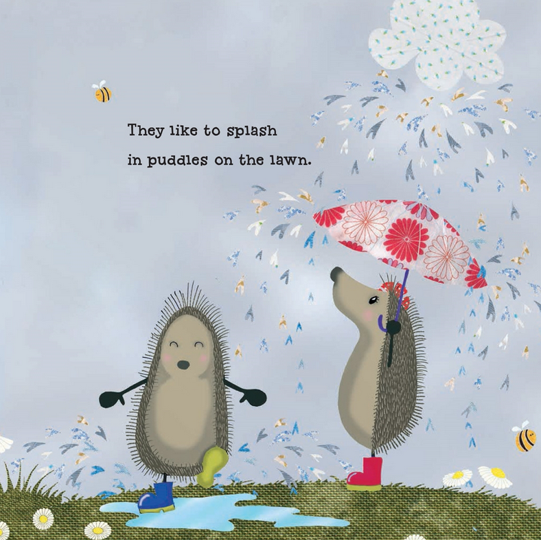Illustration from Hedgehugs showing two hedgehogs splashing in puddles, one holding a floral umbrella.
