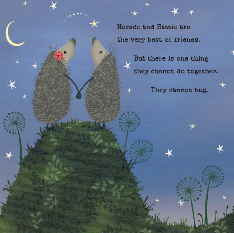 Hedgehugs illustration of Horace and Hattie holding hands on a hill under starry sky, unable to hug.