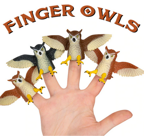 Hand with four soft vinyl Finger Owl puppets in assorted colors with wings spread, titled Finger Owl.