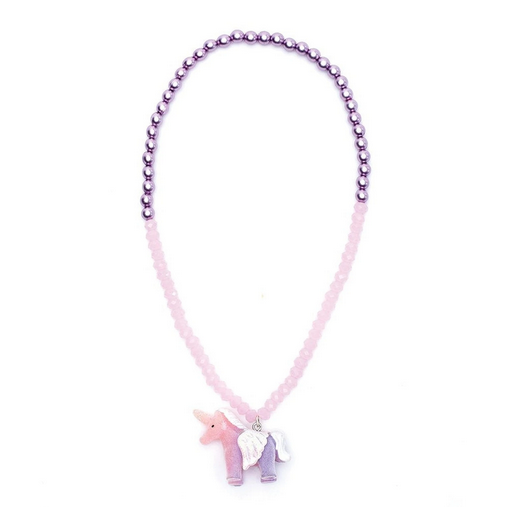 Fancy Unicorn Necklace with iridescent purple and pink beads and a pink and purple unicorn pendant with sparkly horn and wings.