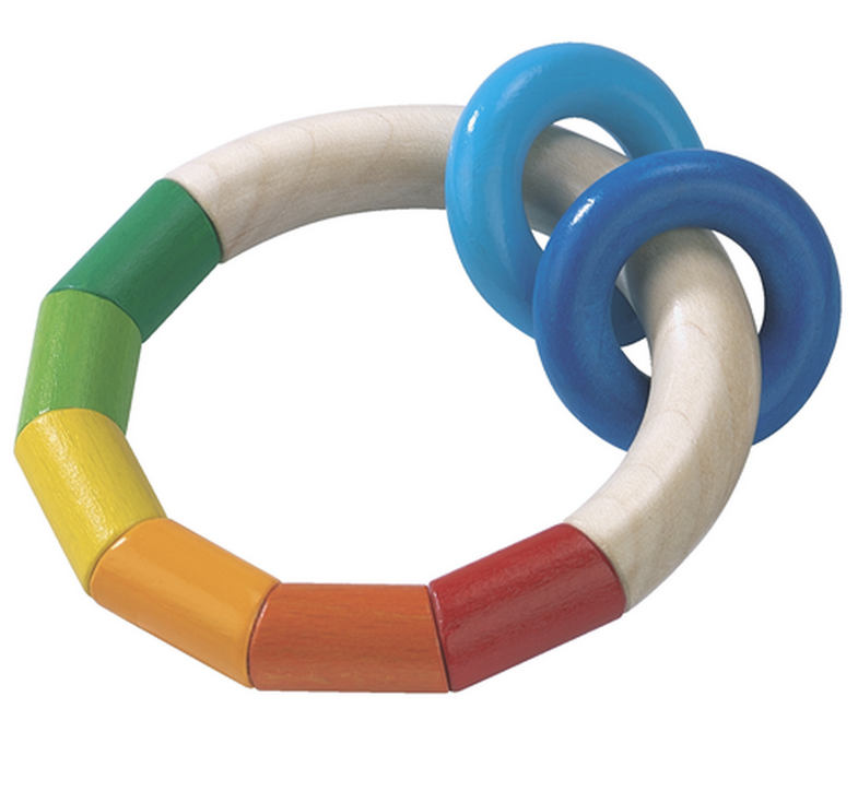 Clutching Kringelring wooden rainbow beads teething toy with BPA-free plastic rings for babies 6-18 months safe and colorful.