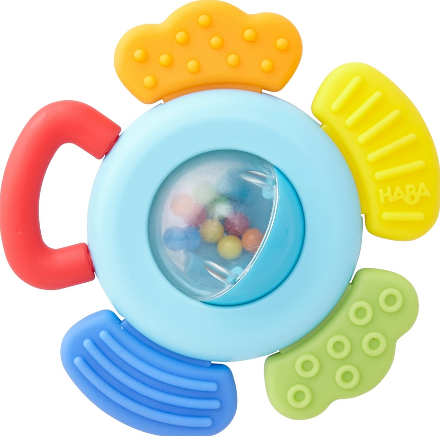 Blossom Rattle & Teething Toy with spinning bead ball and four textured teething elements for babies.