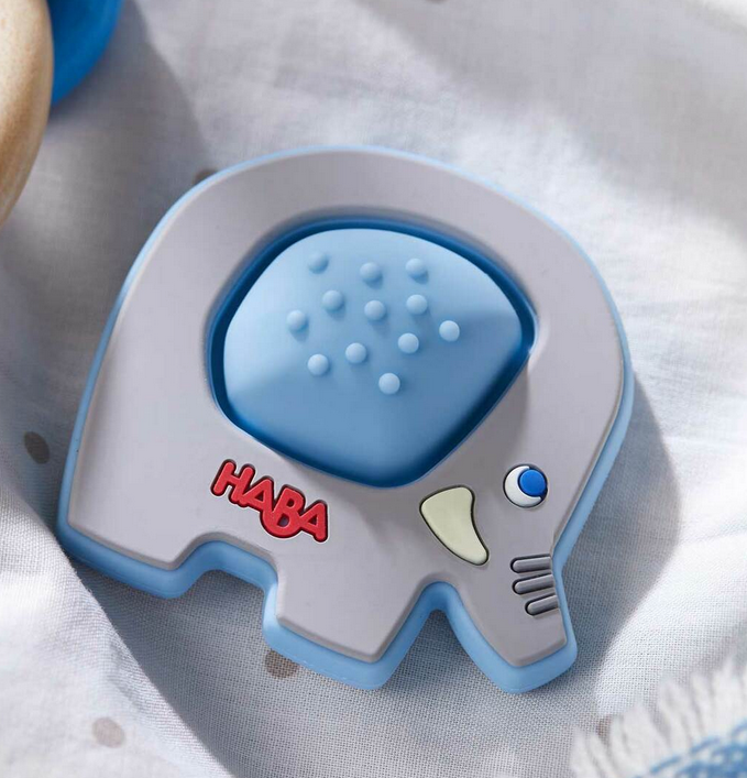 Elephant Popper Teether in soft silicone with textured surfaces and a poppable center for baby sensory and teething relief.