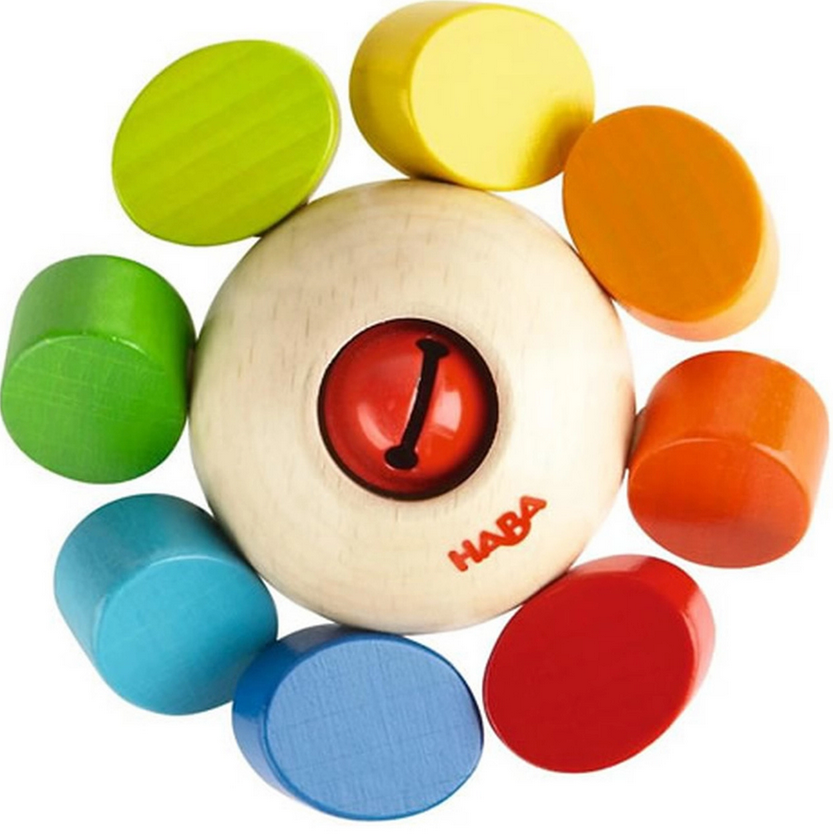Clutching WhirlyGig wooden baby toy with colorful movable pieces and jingling bell for clutching skills development.