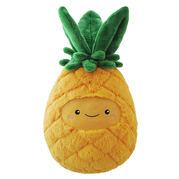 Pineapple plush toy with soft orange body and green leaves, featuring a cute smiling face for ages 3 and up.