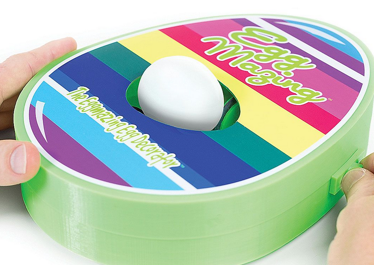 Eggmazing Egg Decorator showing colorful egg spinner with an egg being decorated for Easter fun.