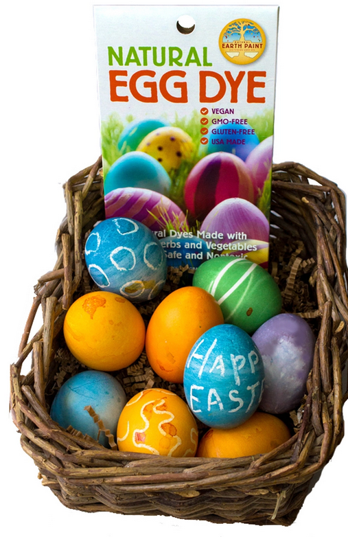 Natural Egg Dye Kit with colorful dyed Easter eggs in a basket using safe, natural vegetable and fruit-based dyes.