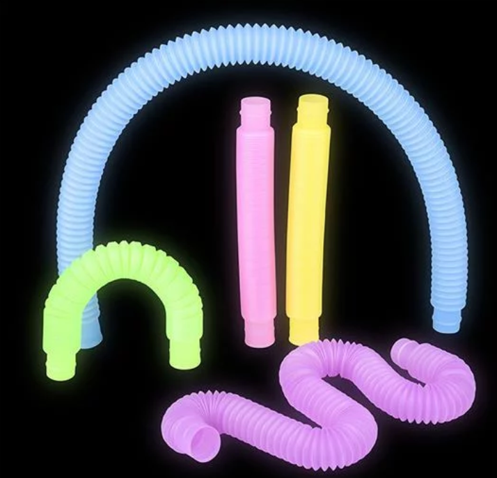 Pop Tube toy in assorted glow in the dark colors, flexible and fun for fidgety hands, sold individually.