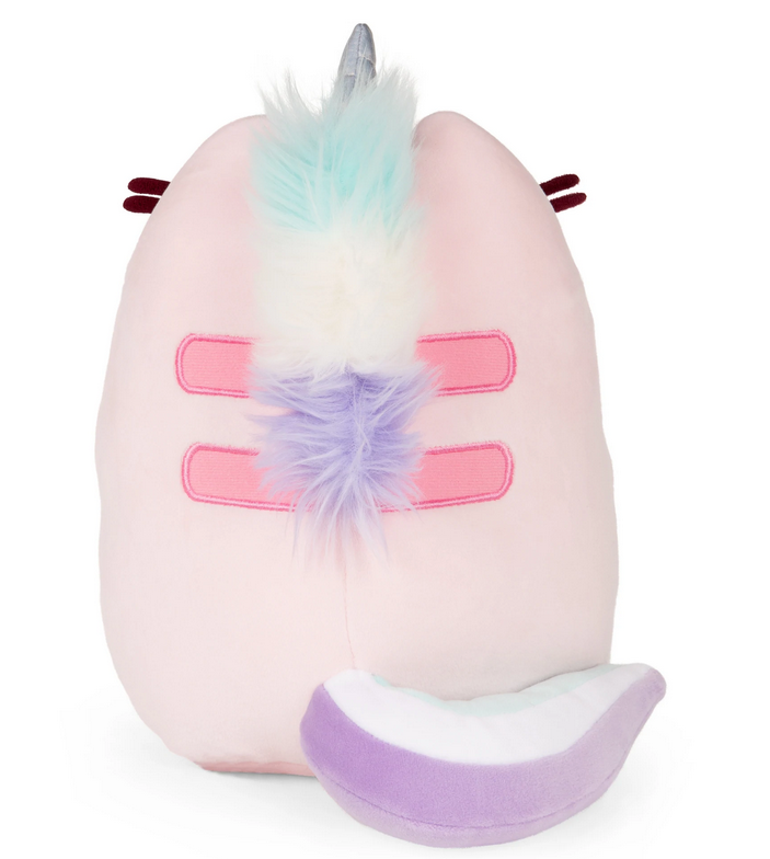 Pusheen Squisheen Pusheenicorn plush toy with pastel colors, iridescent horn, and fluffy tail sitting pose.