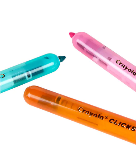 Clicks Retractable Markers in pink, orange, and teal with retractable tips for versatile coloring and no lost caps.
