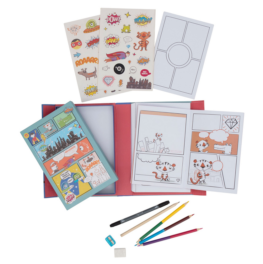 Comic Book Kit | Practice. Plan. Create. with colored pencils, markers, sticker sheets, and blank comic pages for kids.