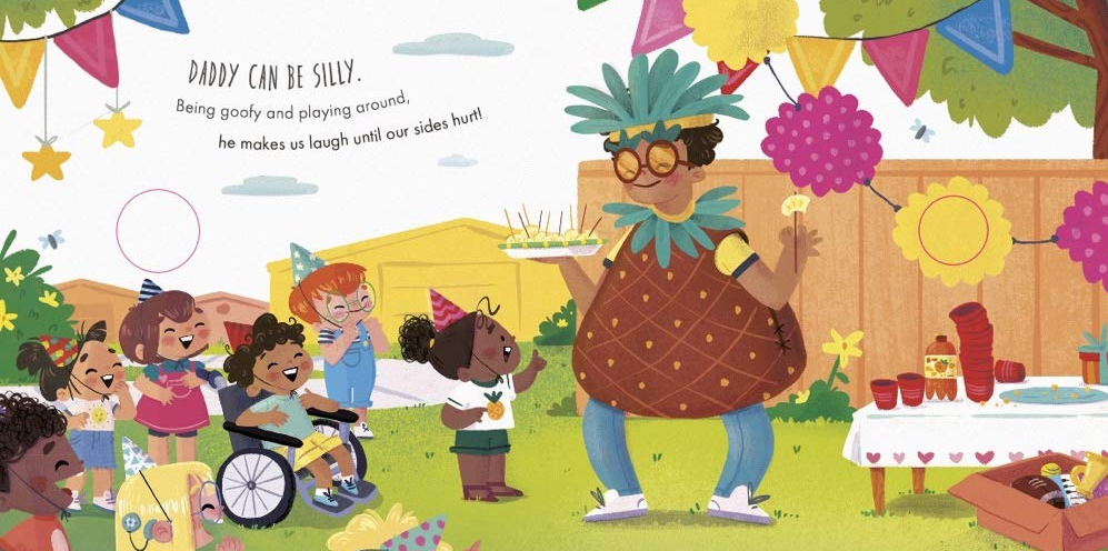 Colorful illustration from I Love Daddy Every Day showing a dad in a pineapple costume entertaining children at a party.