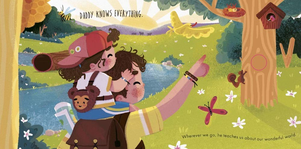 Colorful illustration from I Love Daddy Every Day showing father and child exploring nature together.