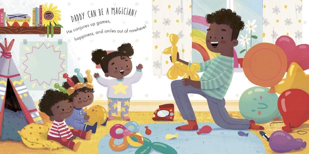 Illustration from I Love Daddy Every Day showing a dad entertaining three children with balloon animals indoors.