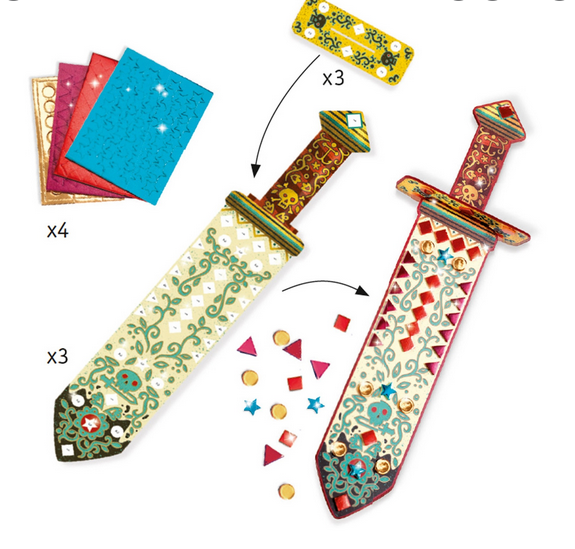 DIY Mosaic Swords set with colorful pieces and patterned sword templates for creative pirate-themed craft play.