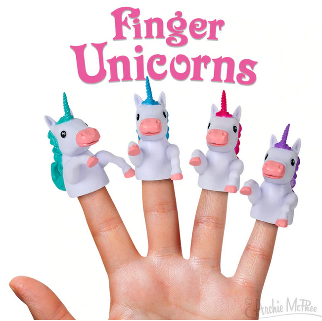 Finger Unicorn finger puppets in assorted colors on fingers, soft vinyl mystical unicorn toys for kids and collectors.
