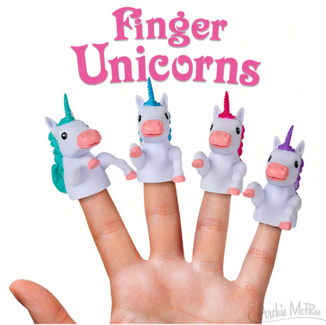 Finger Unicorn finger puppets in assorted colors on fingers, soft vinyl mystical unicorn toys for kids and collectors.
