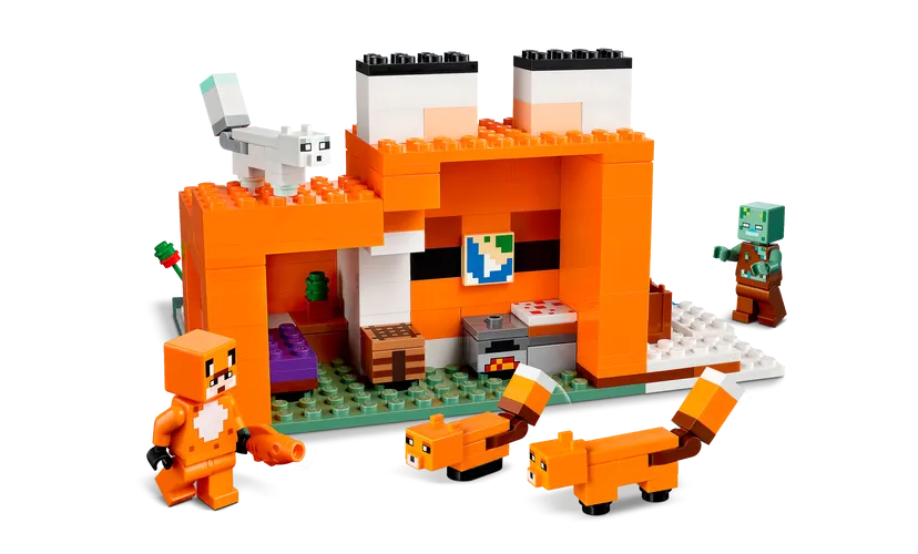 Minecraft The Fox Lodge building set with fox characters, open back house, and a zombie figure for imaginative play.