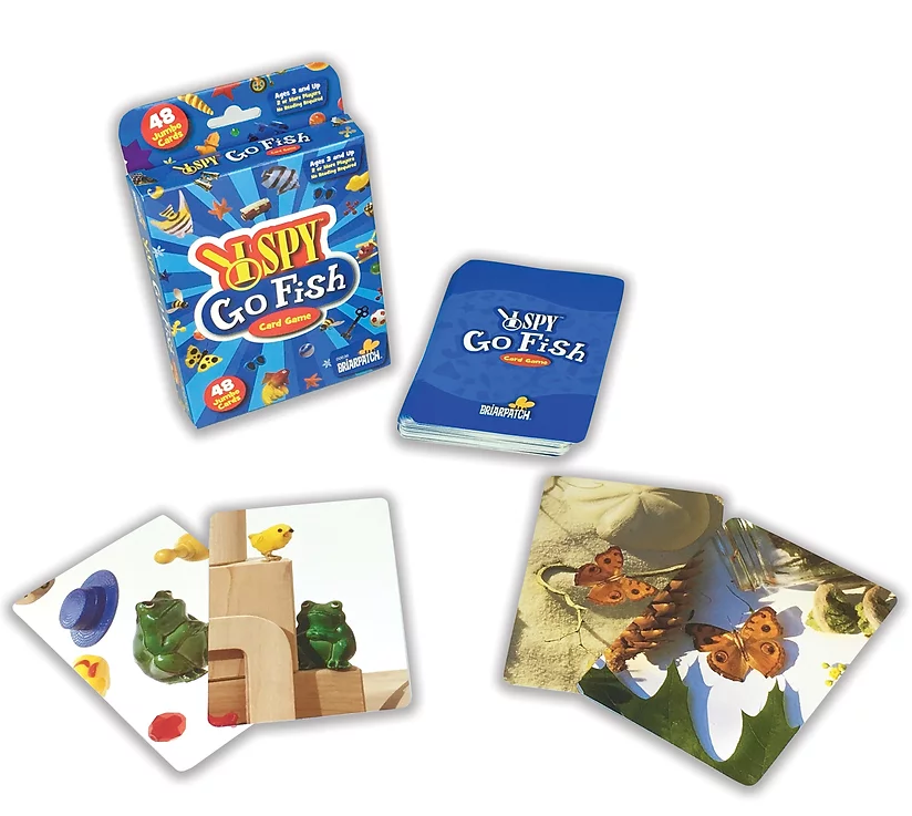 I Spy Go Fish! Card Game box and cards featuring colorful object photos for a fun matching game.
