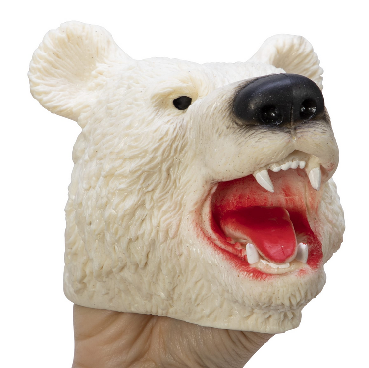 Bear Rubber Puppet showing detailed white fur and open mouth with teeth, perfect for playful storytelling and puppet shows.