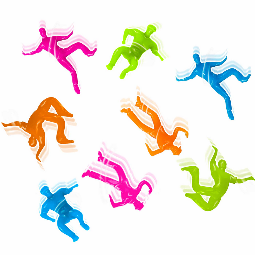 Wally Crawly Breakdancers in bright colors mid-crawl with dynamic motion blur on white background.
