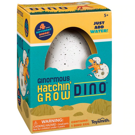 Ginormous Hatchin' Grow Dino dinosaur egg toy in packaging with water hatch instructions and four dino options visible.