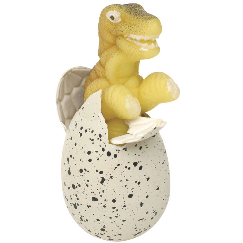 Ginormous Hatchin' Grow Dino showing a yellow dinosaur hatching from a speckled egg toy for kids.