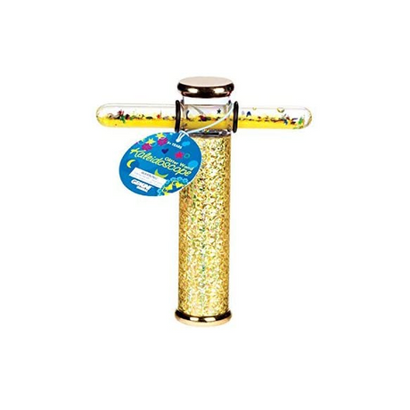 Kaleidoscope Glitter Wand with gold glitter body and colorful shapes inside the horizontal viewing tube for kids.